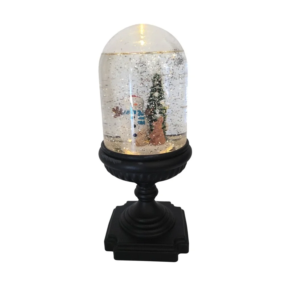 Musical Lighted Snowman & Woodland Bunnies Snow Globe on Black Pedestal Base